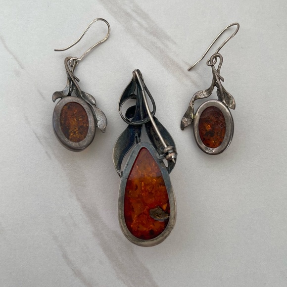 Vintage Sterling silver 925 Baltic Amber necklace pendant pin earrings brooch - Picture 2 of 16